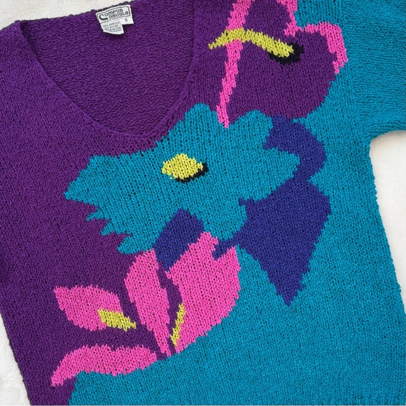 Vintage 80s Campus Casuals Teal Purple Knit Bold Floral Pullover Top Sweater S - Picture 6 of 8